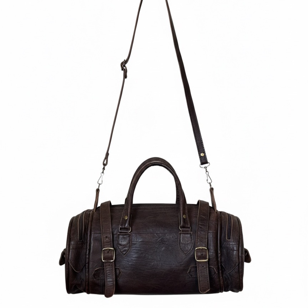 Vintage Vibe Cognac Brown Barrel Duffle Bag - Convertible Crossbody